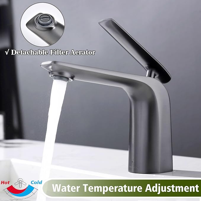 TOCALOCA Bathroom Basin Faucet Gun Grey Modern Bathroom Vanity Sink Faucets Brass, One Hole Single Handle Lavatory Faucet Bath Mixer Taps