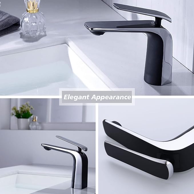 TOCALOCA Matte Black and Polished Chrome Bathroom Basin Faucet, Premium Brass One Hole Lavatory Vanity Sink Faucet Single Handle, Contemporary Bathroom Single Lever Mixer Tap Black and Sliver