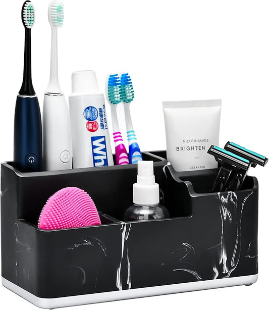 VITVITI Toothbrush Holders for Bathroom, Bathroom Organizer Countertop, 5 Compartment Bathroom Accessories Storage for Toothpaste/Vanity Counter/Sink, Black Resin of Marble Color