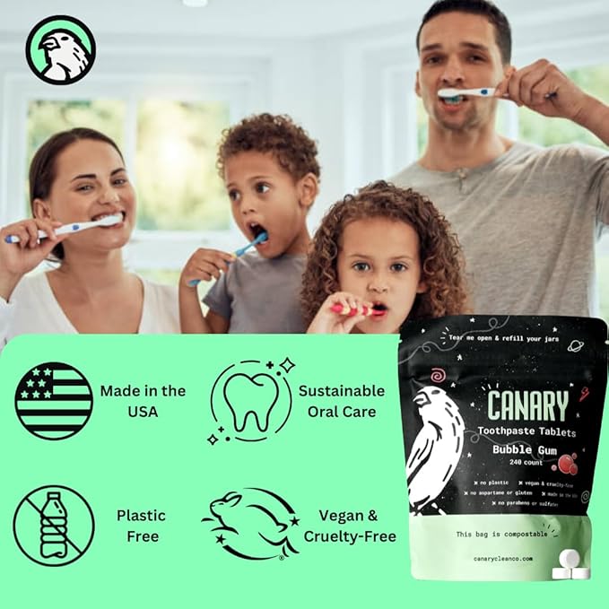 Canary Nano Hydroxyapatite Toothpaste Tablets Bubble Gum - Remineralizing, Fluoride Free, All Natural Tabs with Xylitol - Great for Kids, Plastic Free - 240 Count