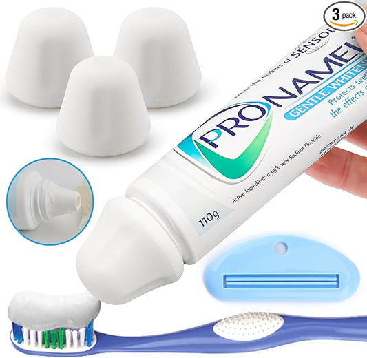 Self-Closing XXL Toothpaste Caps 3-Pack White, Sensodyne Pronamel Compatible by Tilcare - No Waste Cap Dispensers for Easy Use - Mess-Free Toothpaste Lids - Food Grade Silicone & BPA-Free Toppers