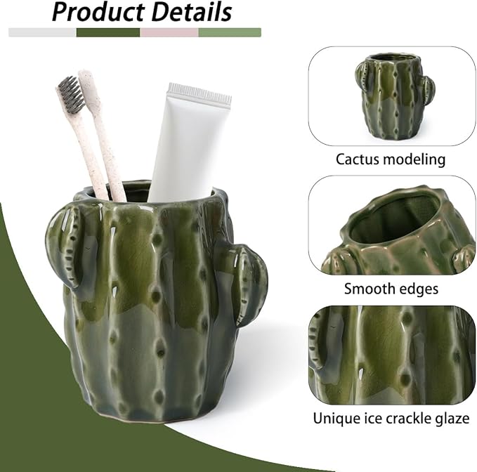 Cactus Toothbrush Holder for Bathrooms，Ceramic Toothpaste Holder Cute Toothbrush Holder Set,for Bathroom Counter and Desk Office Fun Decor Desk Organizer, Makeup Brush Holder - Dark Green