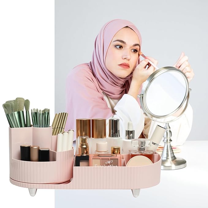 Makeup Organizer Countertop Rotating Makeup Organizer for Vanity Large Capacity Cosmetic Display Case with Makeup Brush Holder Cosmetic Organizer Countertop（Pink）