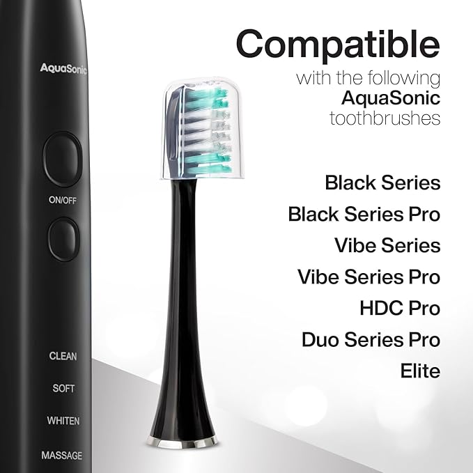 AquaSonic Genuine Standard Replacement Brush Heads | for Normal & Sensitive Teeth | Compatible with Many AquaSonic Toothbrush Handles (2 Pack Black)