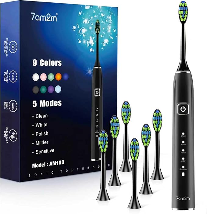 7AM2M Ultrasonic Electric Toothbrush with 6 Brush Heads for Adults&Kids, Type C Charging, One Charge for 120 Days, 5 Modes&40000VPM Powered Toothbrush, 3 Minutes Built in Smart Timer (Black)