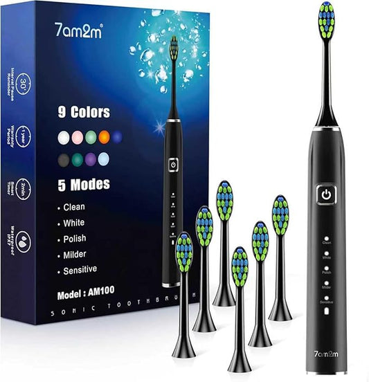 7AM2M Ultrasonic Electric Toothbrush with 6 Brush Heads for Adults&Kids, Type C Charging, One Charge for 120 Days, 5 Modes&40000VPM Powered Toothbrush, 3 Minutes Built in Smart Timer (Black)