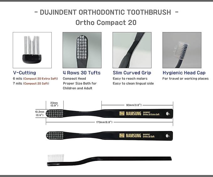 Orthodontic Toothbrush for Braces [6 Packs][Made in Korea] V Trim Cutting American Bristles Braces Toothbrush for Brackets and Wires Cleaning (Ortho Compact 20 Extra Soft, 6 Pack)