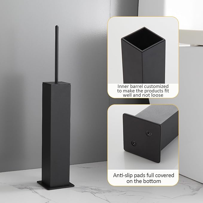 Toilet Brush and Holder Floor Standing, Black with 2 Replaceable Heads, Bathroom Toilet Brush, Freestanding Toilet Bowl Brush with Removable Liner and Splash Guard, Modern Square Design