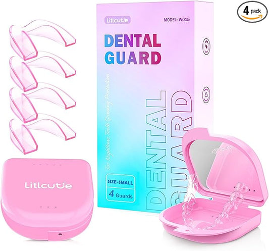 Small Mouth Guard for Women, 4 Pack Moldable Teeth Guard at Night Sleep Jaw Clenching & Bruxism, Ventilated Teeth Grinding Guard Box with 5X Magnifying Mirror