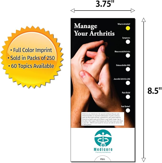 ZOCO - Manage Your Arthritis Slide Chart - Custom Promotional Item (Pack of 250) - Symptoms and Exercises - Doctor’s Office, Clinics, Pharmacies Handout, Brochure, Pamphlet - 3.75 x 8.5 in.