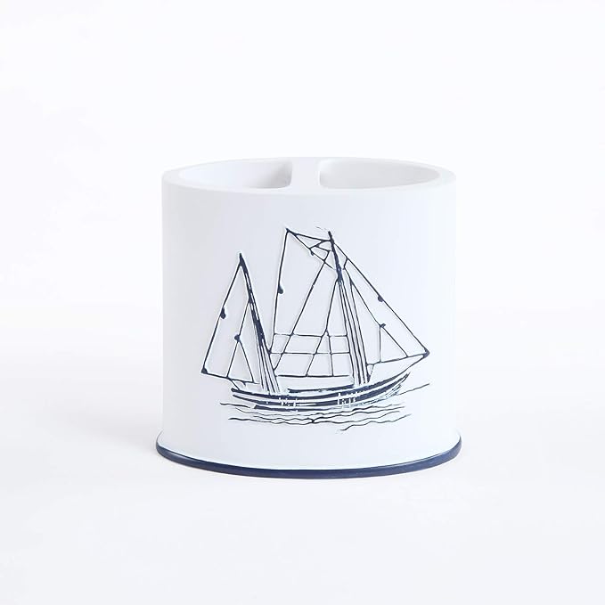 Bathroom Accessories Set 5 Pcs - Soap Dispenser, Toothbrush Holder, Bathroom Tumbler, Soap Dish, Beach Nautical Bathroom Decor - White/Blue