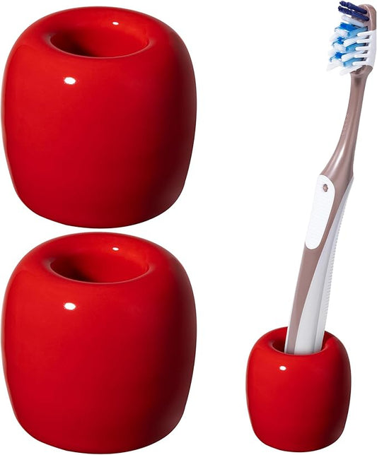 Urbanstrive Ceramic Toothbrush Holders for Bathrooms, Sleek Tooth Brush Holder Toothbrush Stand Tooth Brushing Holder, Portable Bathroom Accessories Organizer, Red, 2 Pack
