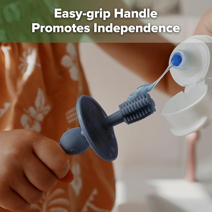 haakaa 360° Baby Toothbrush with Suction Base - Gentle Cleaning for Infant Self-Brushing Training, Food-Grade Silicone, Adjustable Safety Shield - Steel Blue (1 Piece)