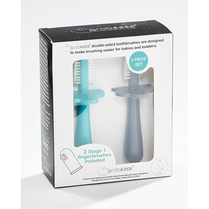 grabease Baby Toothbrush Double Sided - Training Finger Toothbrush for Babies and Infants Ages 1-2 Years, Food-Safe & Phthalate-Free, 2 Pack, Teal and Gray
