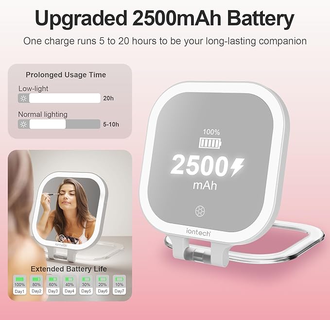 ION iontech Vanity Mirror with Lights,1x/10x Magnifying Glass,2500mAh Battery Double Sided Vanity Mirror,7in Makeup Mirror with 3 Color Light,Brightness Adjustment Memory,Folding Stand (Pink)