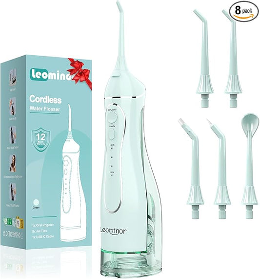 Leominor Water Dental Flosser Pick for Teeth, 300ML Portable Oral Irrigator Upgraded Tank Removable,IPX7 Waterproof, Rechargeable Travel Teeth Cleaner, Professional Electric Flossing (Green)