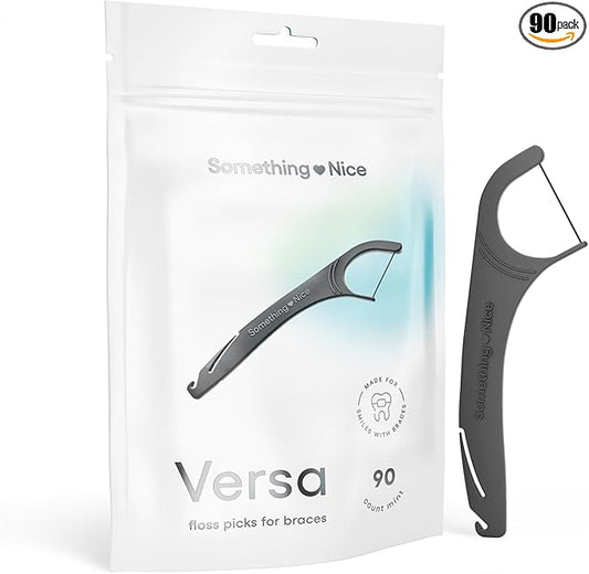 SOMETHING NICE Versa Floss Picks for Braces - Mint Flavored Flossers with Rubber Band Hook & Tongue Scraper, Braces Floss Picks with Xylitol for Protection 90-Pack