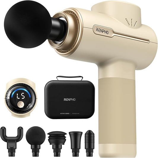 RENPHO Massage Gun Deep Tissue FSA Eligible, Valentines Birthday Gifts for Women Men, HSA Portable Percussion Massager for Back and Neck, Handheld Device with Carry Case, Active Tan