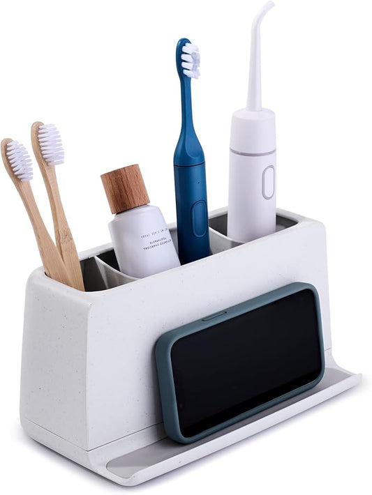 YouCopia The Ledge Toothbrush Holder, 3-Slot, Bathroom Vanity Counter Organizer with Cord Slots, Removable Base and Storage for Phones, Toothpaste and Accessories