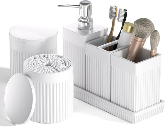 6-Piece White Bathroom Set - Modern Resin Bathroom Accessories Set with Soap Dispenser, Toothbrush Holder, Vanity Tray, Tumbler & Apothecary Jars for Small Spaces