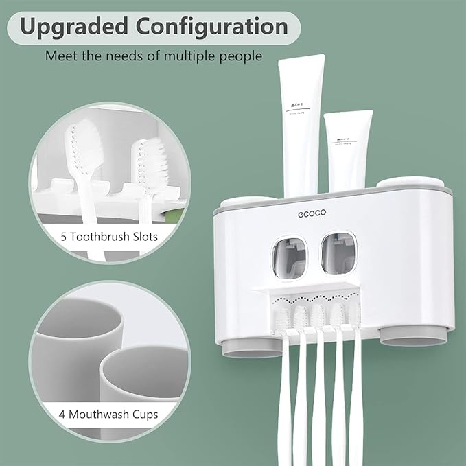Toothbrush Holders with Toothpaste Dispenser Wall Mounted for Bathroom-4 Cups Automatic Electric Tooth Pastetooth Squeezer-Bathroom Organizer Storage Accessories Set for Kids with 5 Toothbrush Slots