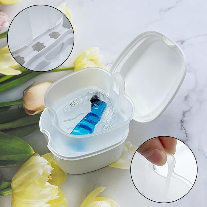 2pcs Denture Bath Retainer Case, Dentaure Cups for Soaking Dentures with Strainer Basket Tray,Compact and Pportable Design, Suitable for Traveling (Light Blue+Purple)