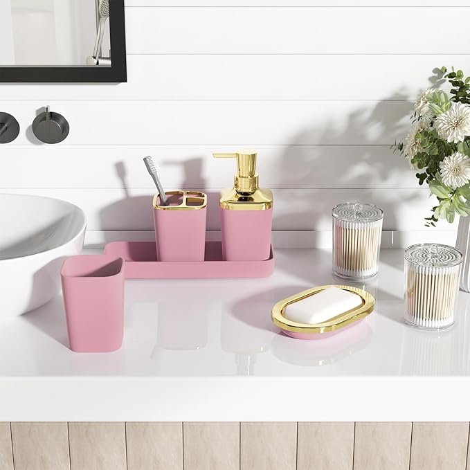 Bathroom Accessories Set - 25PC Bathroom Set with Shower Curtain and Rugs, Pink Bathroom Set, Bathroom Accessory Set with Press-on Lid Trash Can, Soap Dispenser and Qtip Holders