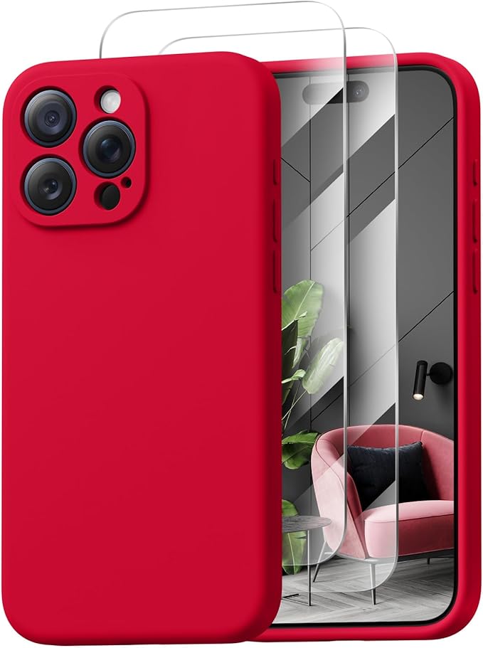 Magnetic for iPhone 15 Pro Case, Compatible with MagSafe, with 9H Nano Screen Protectors, Full Camera Protection, Silicone Shockproof Microfiber Lining Phone Case 6.1", Deep Red