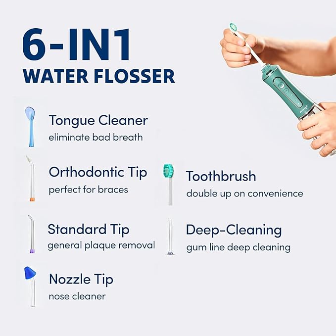 Professional Water Flosser - Advanced Dental Care for a Healthier Mouth, Gum, and Teeth - IPX7 Waterproof Oral Irrigator | 7 Replacement Tips, Travel-Friendly, Rechargeable - Oral Hygiene (Green)
