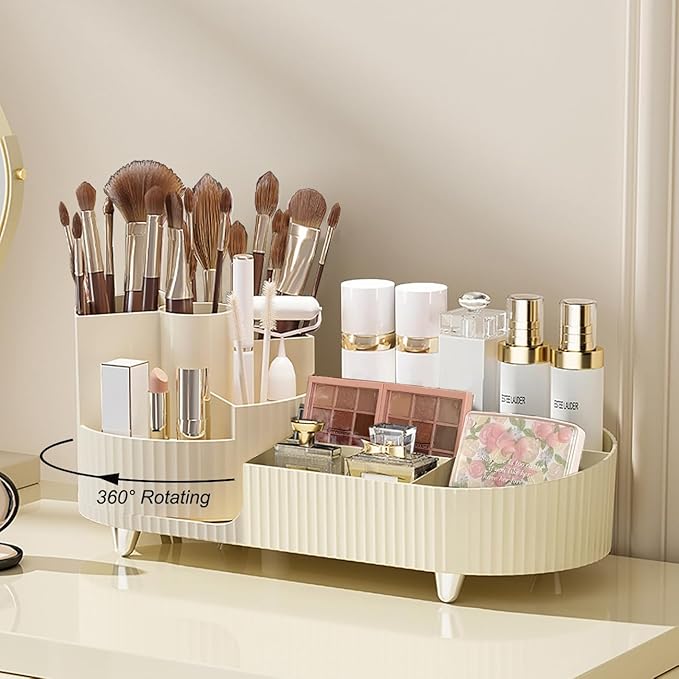 Makeup Organizer Countertop Rotating Makeup Organizer for Vanity Large Capacity Cosmetic Display Case with Makeup Brush Holder Cosmetic Organizer Countertop（Cream）