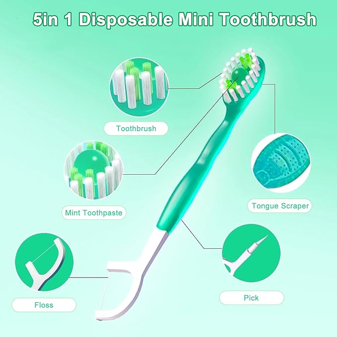 5 in 1 Toothbrush & Floss, 26Pcs mini toothbrushes with Toothpaste, All in one Oral Care on The go, 5 in 1 mini Brush, Toothpaste and Floss, Disposable Travel Toothbrush Set (3)