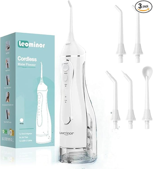 Leominor Water Dental Flosser Pick for Teeth, 300ML Portable Oral Irrigator Upgraded Tank Removable,IPX7 Waterproof, Rechargeable Travel Teeth Cleaner, Professional Electric Flossing (White)