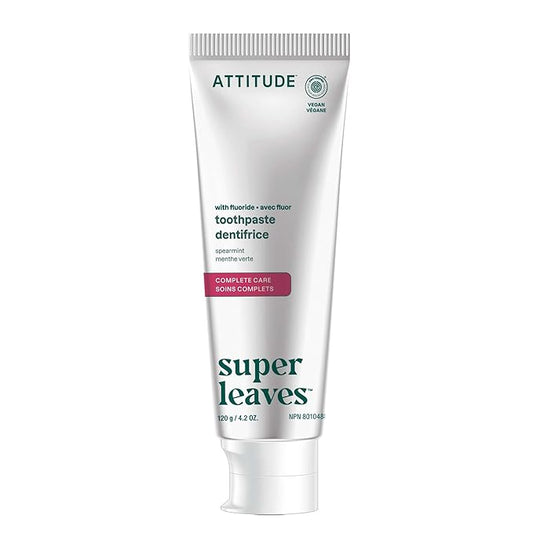 ATTITUDE Complete Care Toothpaste with Fluoride, Spearmint Flavor, Vegan & Cruelty-Free, Sugar-Free, Plant & Mineral-Based Ingredients, Clean Oral Care, 4.2 Oz