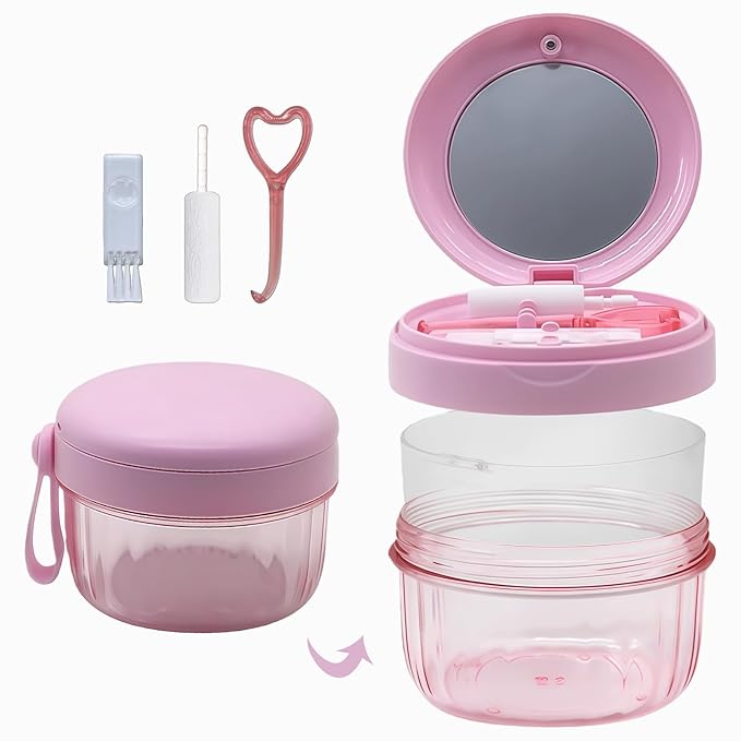Denture Case, Leak-Proof Denture Bath Cup for Travel, Large-Capacity Denture Storage Cup, Comprehensive Cleaning Kit for Dentures, Retainers and Night Guards