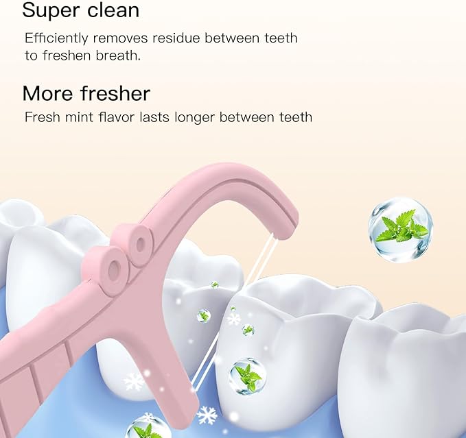 Pink Mint Dental Floss Picks, 2 Portable Travel Cases (10 Picks) + 65 Refills, Double-Line Flossers for Tight Teeth, Fresh Breath, Plaque Removal, BPA-Free, On-The-Go Oral Care