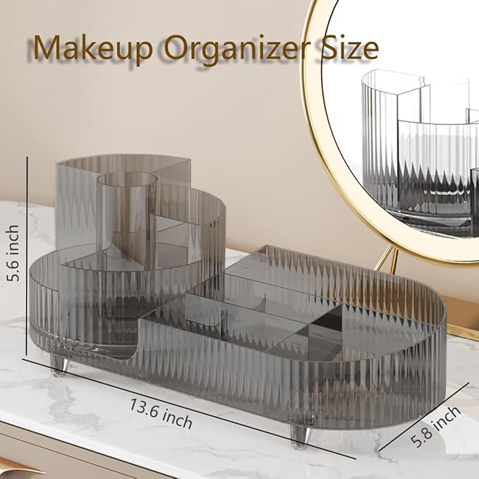360° Rotating Makeup Organizer for Vanity - Large Capacity Cosmetic Display Case Countertop Cosmetic Storage Holder with Makeup Brush Holders （Gray）