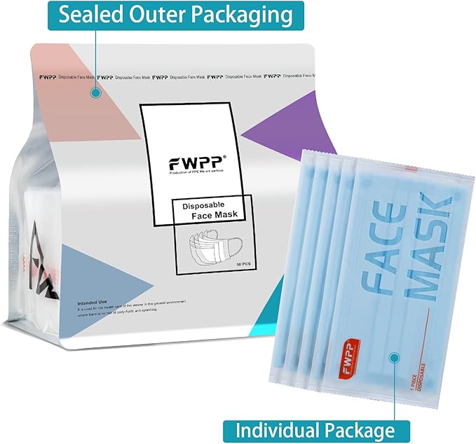 FWPP 4 Layer Individually Wrapped Disposable Face Masks 50 pcs Blue Earloop