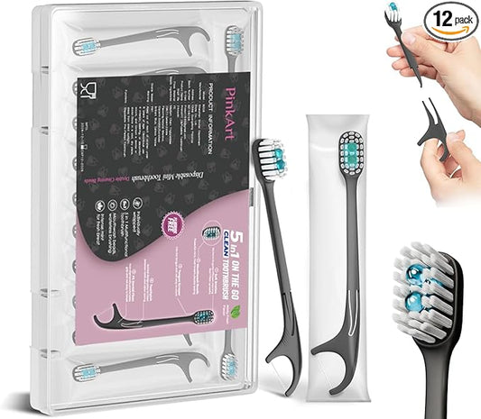 Pinkart 5 in 1 Disposable Toothbrushes with Toothpaste – Individually Wrapped Mini Travel Toothbrushes with Prepasted Toothpaste, Mouthwash Beads, Floss & Tongue Scraper | to-Go Oral Care (12 Count)