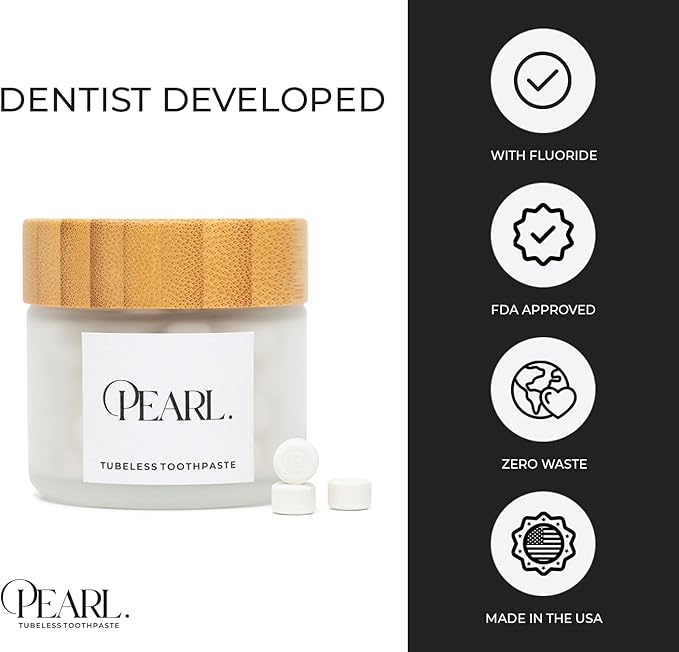 Pearl Fluoride Mint Toothpaste Tablets | Dentist Developed | Natural Whitening | Sensitivity Relief | TSA Approved | Plastic-Free | Reusable Packaging (186 Tablets)