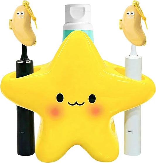 Toothbrush Holder Set for Bathroom - Cute Toothpaste Stand with 2 Tooth Brush Head Cover Cap Travel Case - Bathroom Decor Organizer Countertop Accessories Storage