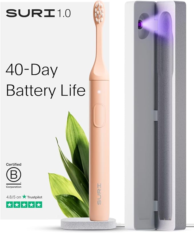 SURI 1.0 Sonic Electric Toothbrush with UV Cleaning Travel Case |1 Month+ Battery | Designed in California | Electric Toothbrush for Adults | Travel Toothbrushes | Tooth Brush | Pink