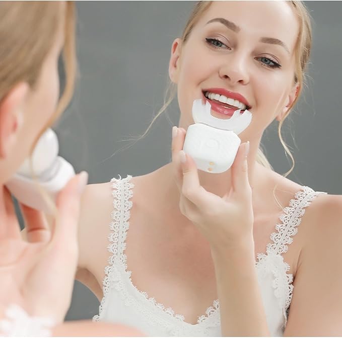 Scandinavian Smiles U-Shaped Electric Toothbrush, 360° Full Coverage Silicone Bristles with 3 Speed Modes for Gentle Cleaning (White)