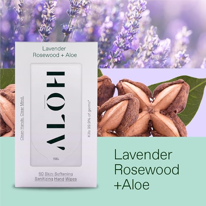 ALOH Antibacterial Wipes – Lavender & Rosewood Sanitizing Hand Wipes - Clean Hands, Clear Minds - On The Go Hand Sanitizer Wipes for Kids and Adults - Travel Size 3 Pack, 20ct Wipes (60 wipes)