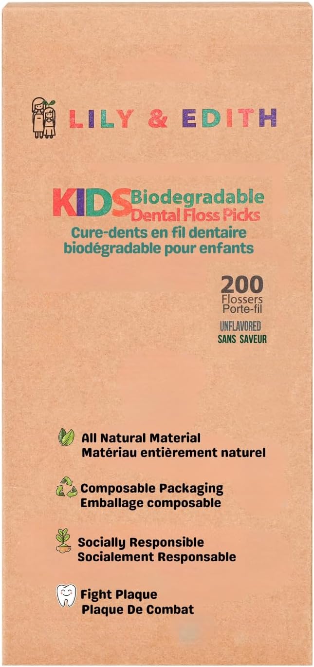 LILY & EDITH Kids Biodegradable Dental Floss Picks 200 Counts, Fluoride Free, Plant Based Material, Fun Animal Flossing Sticks, Ultra Sturdy Thread, Zero Waste Package (Unflavored)