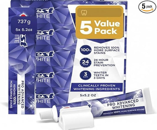 White 3D Pro Advanced Whitening Toothpaste 5 Large Tubes of 5.2 oz (Total 26 oz) | 24h Stain Prevention | Whiter Teeth in Days