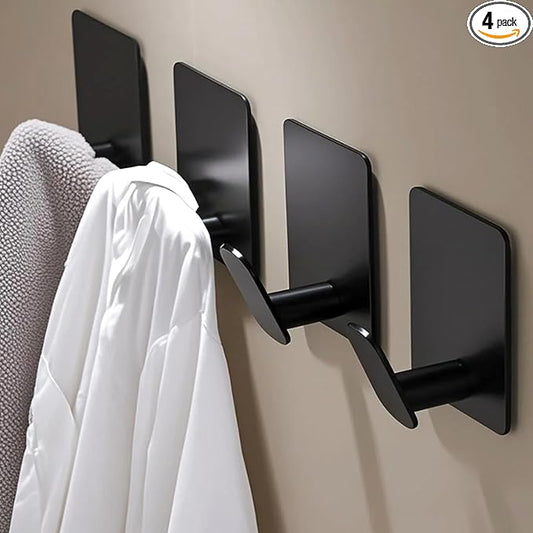 4-Pack Stainless Steel Adhesive Hooks,Multi-Purpose Adhesive Wall Hooks for Towel/Keys/Bags,Ideal for Bathroom & Kitchen and RV Accessories (Matte Black)