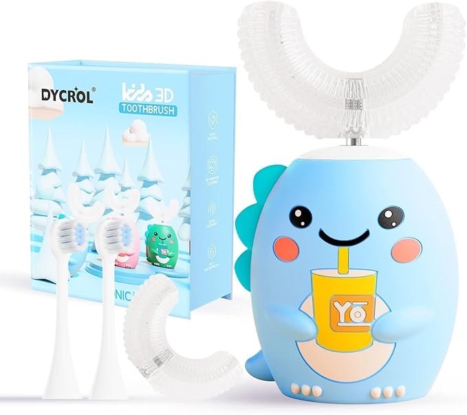 Kids U Shaped Electric Toothbrush with 4 Brush Heads, Sonic Toothbrush Kids with 5 Modes, Cartoon Dinosaur 360-Degree Cleaning IPX7 Waterproof Design (6-12 Age (Blue))