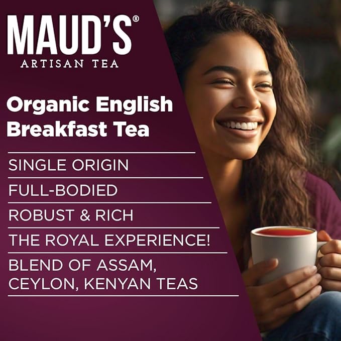 Maud's Organic English Breakfast Black Tea Pods, 24 ct, Recyclable Single Serve Pods – 100% Gourmet Blended Tea Leaves, Compatible with Keurig K Cups Maker