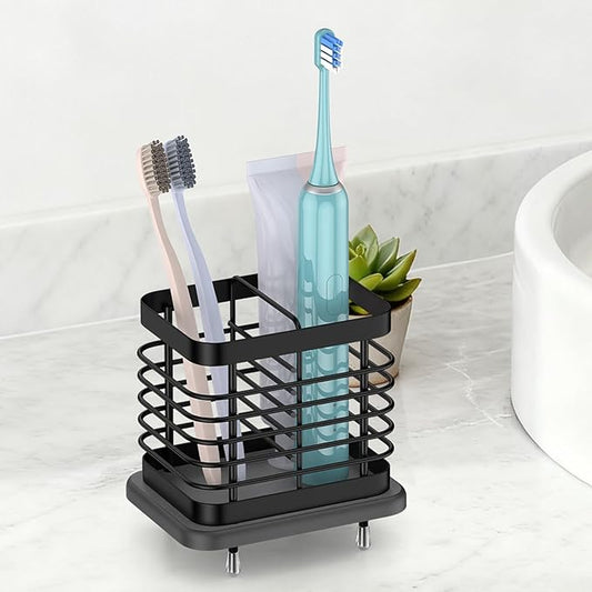 Toothbrush Holders for Bathroom, Adhesive Electric Toothbrush Holder with Fast Dry Tray Wall Mounted Toothbrush Holder Shower Toothpaste Bathroom Organizer Essentials, 2 Slots, Black
