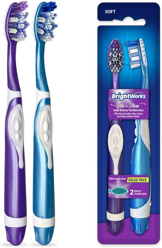 BrightWorks Sonic Battery Powered Toothbrush (2-Pack) (Blue/Purple) Soft Multi-Level Bristles for Whole Mouth, Vibrating Bristles Deep Clean, with Whitening Pads and Tongue Cleaner.